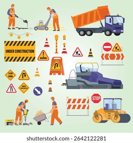 Road repair flat set of machinery items and workers in orange uniform working with jackhammer and asphalt paver isolated vector illustration