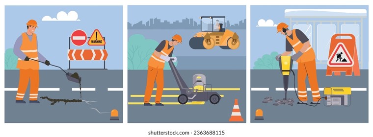 Road repair flat square illustrations with workers performing road works using maintenance equipment vector illustration