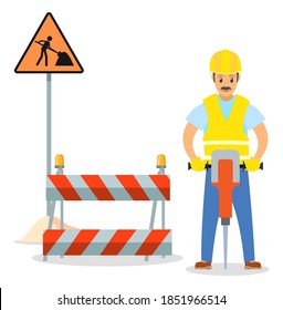 Road Repair Flat Vector Illustration. Male Worker With Jackhammer. Maintenance And Construction Of Pavement Concept. Special Equipment For Fencing The Way. Street Barrier For Roadwork And Building