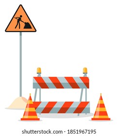 Road repair flat vector illustration. Under construction information sign. Maintenance and construction of pavement. Special equipment for fencing the way. Street barrier for roadwork and building