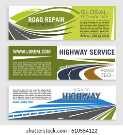 Road repair and highway service banner template. Asphalt highway road and speedy freeway symbol with text layouts for road construction and repair services, transportation company poster, flyer design