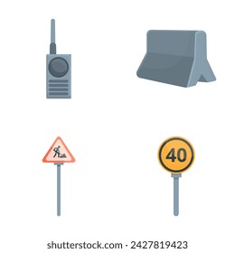 Road repair icons set cartoon vector. Equipment for road reconstruction. Warning sign