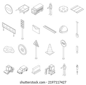 Road repair icons set. Isometric set of road repair vector icons outline thin lne isolated on white