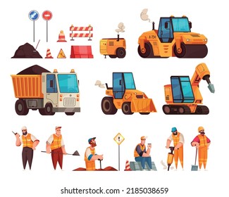 Road repair machinery cartoon set of tractor roller bulldozer isolated vector illustration