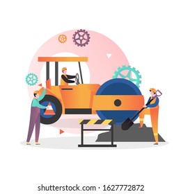 Road repair, maintenance and construction vector illustration. Male characters workers driving yellow asphalt compactor roller, working with shovel, holding traffic cone. Asphalt pavement installation