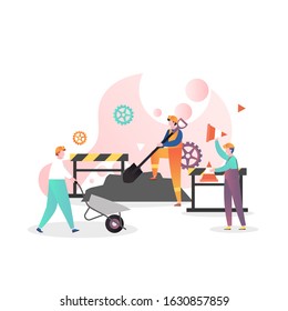 Road repair, maintenance and construction vector illustration. Male characters workers working with shovel, wheelbarrow, holding traffic cones. Asphalt paving process concept for banner, website page.