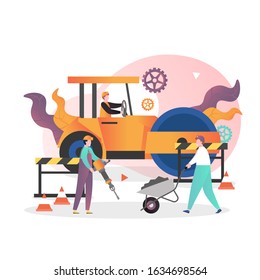 Road repair, maintenance and construction vector illustration. Male characters workers driving yellow asphalt compactor roller, working with jackhammer, wheelbarrow. Asphalt paving and repair services