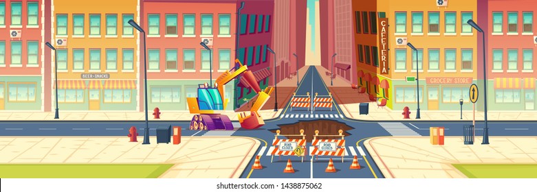 Road repair, maintenance works, underground pipeline replacement on city street cartoon vector concept. Construction machine, excavator, surrounded warning signs, digging pit in asphalt illustration