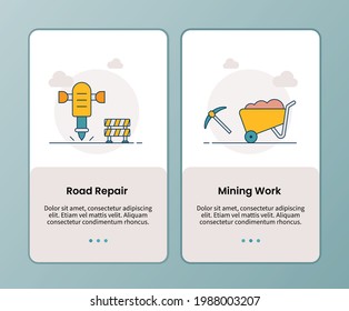 road repair mining work campaign for onboarding mobile apps application banner template with filled color style