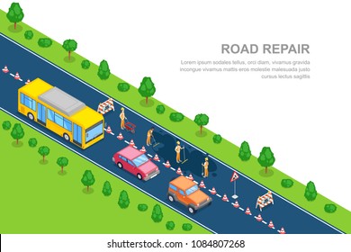 Road repair, roadworks and construction concept. Vector 3D isometric horizontal banner. City road closed for reconstruction. Workers in the uniform asphalt the road.