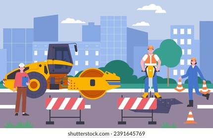 Road repair scene. New asphalt paving, repairing sidewalks and street. Professional workers team in uniform, construction splendid vector scene