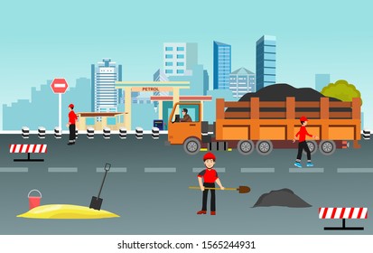 Road repair service , road repair process, road with machines and workers, vector