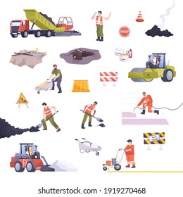 Road repair set flat isolated composition with tools equipment elements and workers vector illustration