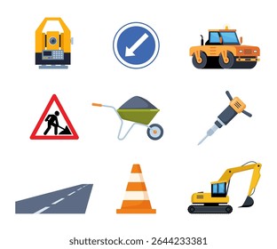 Road repair set. Tools and equipment for road works. Road signs, paver, road, restrictive cone, theodolite, excavator, trolley shovel asphalt