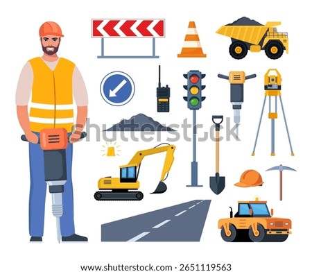 Road repair set. Tools and equipment for roadworks. Road signs, paver, road, restrictive cone, theodolite, excavator, trolley, shovel, asphalt Road worker engineer