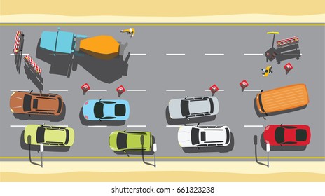Road repair with traffic and truck mixer top view