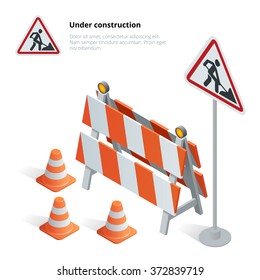 Road repair. Under construction sign.  Maintenance and construction of pavement. Flat 3d vector isometric illustration