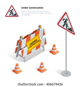 Road repair, under construction road sign. Flat 3d vector isometric illustration. 