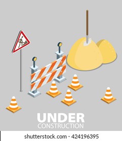 Road repair, under construction road sign, repairs, maintenance and construction of pavement. Flat vector isometric illustration