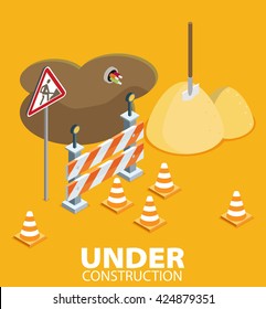 Road repair, under construction road sign, repairs, maintenance and construction of pavement. Flat vector isometric illustration