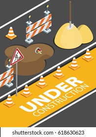 Road Repair, Under Construction Road Sign, Repairs, Maintenance And Construction Of Pavement. Flat Vector Isometric Illustration