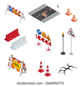 Road Repair, Under Construction Road Signs. Flat 3d Vector Isometric Illustration.