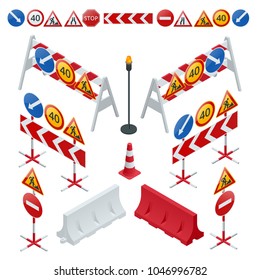 Road repair, under construction road signs. Flat 3d vector isometric illustration.
