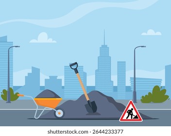 Estrada reparação urbano fundo com máquinas especiais modernas na estrada bloqueada. Equipamento pesado para construção de estradas no fundo da cidade.