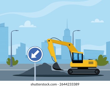 Estrada reparação urbano fundo com máquinas especiais modernas na estrada bloqueada. Equipamento pesado para construção de estradas no fundo da cidade.