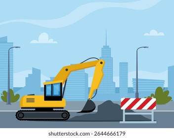 Estrada reparação urbano fundo com máquinas especiais modernas na estrada bloqueada. Equipamento pesado para construção de estradas no fundo da cidade.