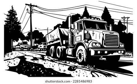 Road repair vector black line illustration isolated white. Sketch art