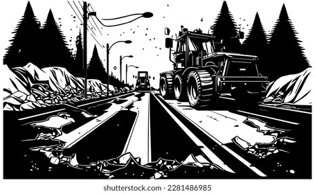 Road repair vector black line illustration isolated white. Sketch art