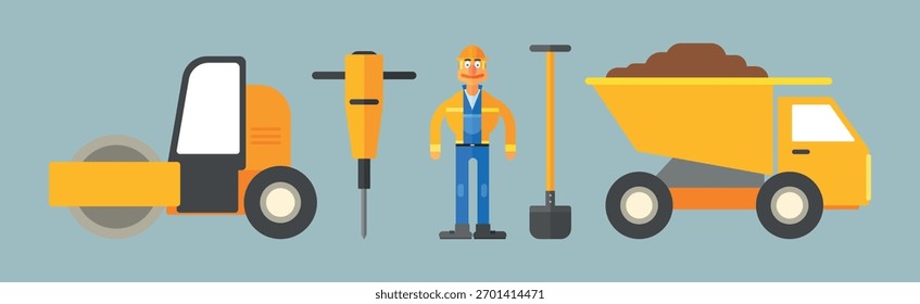 Trabajo de reparación de carreteras Objeto plano y equipo Conjunto de Vector