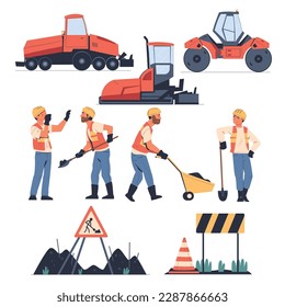 Road Repair with Workers in Special Uniform and Machines Vector Set