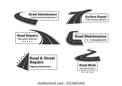 Road repairs monochrome logotype collection vector illustration. Highway street maintenance creative sign with place for text isolated. Paving logo design template. Construction and transportation