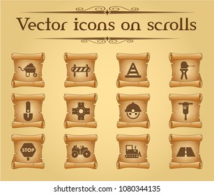 road repairs simple vector icons on ancient scrolls