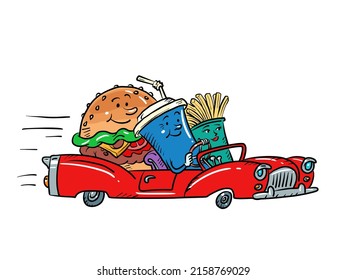 Road restaurant, fast food characters burger drink cola and french fries friends driving car