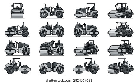 Road roller and asphalt compactor machine silhouettes.