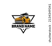 Road roller and asphalt paver, heavy equipment isolated logo vector	