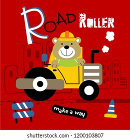 road roller and bear funny animal cartoon,vector illustration