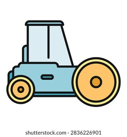 Road roller compacting construction material creating flat surface