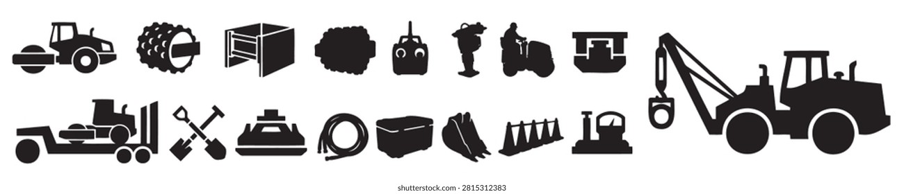 Road Roller Compactor Machinery Vector Silhouette Bundle - Asphalt Paving Roller Icon Pack - Soil Compaction Roadwork Construction Template Collection

If you want to create highly professional marketing layouts or branding assets for commercial road construction and earthmoving companies, this comprehensive collection of roller compactor silhouettes is the ideal setup for your workshop portfolio. We have packed this extensive bundle with everything that represents professional asphalt paving, soil compaction, and site preparation, featuring solid black vector shapes of smooth drum road rollers, tandem vibratory compactors, pneumatic tire rollers, padfoot sheepfoot, walk-behind trench rollers, plate compactors, and towable asphalt rollers. The layout also integrates essential paving equipment including asphalt water tank trailers, machinery transport flatbeds, excavator buckets, traffic cones, toolboxes, crossed shovels, fuel cans, and heavy construction cranes.

Every single machinery outline and compaction tool shape in this graphic compilation is carefully structured with sharp contours and flat solid configurations to ensure seamless scalability. It works beautifully as a high-converting template layout for digital creators and small contracting print shops looking to build clean commercial logos, custom roadwork crew uniform shirts, custom vinyl decals for construction vehicles, paving company window signs, or commercial print on demand trade merchandise without dealing with messy node errors or overlapping paths.