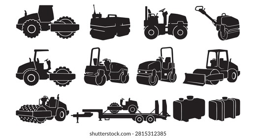 Road Roller Compactor Machinery Vector Silhouette Bundle - Asphalt Paving Roller Icon Pack - Soil Compaction Roadwork Construction Template Collection

If you want to create highly professional marketing layouts or branding assets for commercial road construction and earthmoving companies, this comprehensive collection of roller compactor silhouettes is the ideal setup for your workshop portfolio. We have packed this extensive bundle with everything that represents professional asphalt paving, soil compaction, and site preparation, featuring solid black vector shapes of smooth drum road rollers, tandem vibratory compactors, pneumatic tire rollers, padfoot sheepfoot, walk-behind trench rollers, plate compactors, and towable asphalt rollers. The layout also integrates essential paving equipment including asphalt water tank trailers, machinery transport flatbeds, excavator buckets, traffic cones, toolboxes, crossed shovels, fuel cans, and heavy construction cranes.

Every single machinery outline and compaction tool shape in this graphic compilation is carefully structured with sharp contours and flat solid configurations to ensure seamless scalability. It works beautifully as a high-converting template layout for digital creators and small contracting print shops looking to build clean commercial logos, custom roadwork crew uniform shirts, custom vinyl decals for construction vehicles, paving company window signs, or commercial print on demand trade merchandise without dealing with messy node errors or overlapping paths.