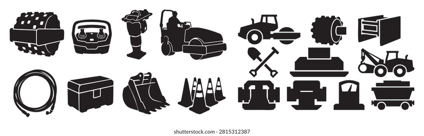 Road Roller Compactor Machinery Vector Silhouette Bundle - Asphalt Paving Roller Icon Pack - Soil Compaction Roadwork Construction Template Collection

If you want to create highly professional marketing layouts or branding assets for commercial road construction and earthmoving companies, this comprehensive collection of roller compactor silhouettes is the ideal setup for your workshop portfolio. We have packed this extensive bundle with everything that represents professional asphalt paving, soil compaction, and site preparation, featuring solid black vector shapes of smooth drum road rollers, tandem vibratory compactors, pneumatic tire rollers, padfoot sheepfoot, walk-behind trench rollers, plate compactors, and towable asphalt rollers. The layout also integrates essential paving equipment including asphalt water tank trailers, machinery transport flatbeds, excavator buckets, traffic cones, toolboxes, crossed shovels, fuel cans, and heavy construction cranes.

Every single machinery outline and compaction tool shape in this graphic compilation is carefully structured with sharp contours and flat solid configurations to ensure seamless scalability. It works beautifully as a high-converting template layout for digital creators and small contracting print shops looking to build clean commercial logos, custom roadwork crew uniform shirts, custom vinyl decals for construction vehicles, paving company window signs, or commercial print on demand trade merchandise without dealing with messy node errors or overlapping paths.