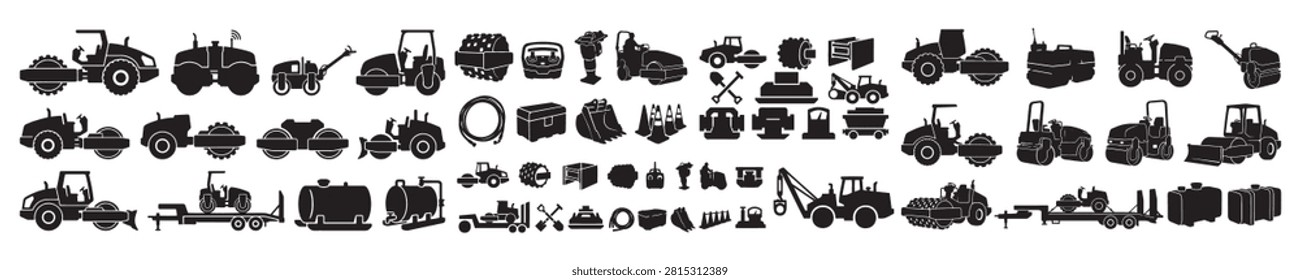 Road Roller Compactor Machinery Vector Silhouette Bundle - Asphalt Paving Roller Icon Pack - Soil Compaction Roadwork Construction Template Collection

If you want to create highly professional marketing layouts or branding assets for commercial road construction and earthmoving companies, this comprehensive collection of roller compactor silhouettes is the ideal setup for your workshop portfolio. We have packed this extensive bundle with everything that represents professional asphalt paving, soil compaction, and site preparation, featuring solid black vector shapes of smooth drum road rollers, tandem vibratory compactors, pneumatic tire rollers, padfoot sheepfoot, walk-behind trench rollers, plate compactors, and towable asphalt rollers. The layout also integrates essential paving equipment including asphalt water tank trailers, machinery transport flatbeds, excavator buckets, traffic cones, toolboxes, crossed shovels, fuel cans, and heavy construction cranes.

Every single machinery outline and compaction tool shape in this graphic compilation is carefully structured with sharp contours and flat solid configurations to ensure seamless scalability. It works beautifully as a high-converting template layout for digital creators and small contracting print shops looking to build clean commercial logos, custom roadwork crew uniform shirts, custom vinyl decals for construction vehicles, paving company window signs, or commercial print on demand trade merchandise without dealing with messy node errors or overlapping paths.