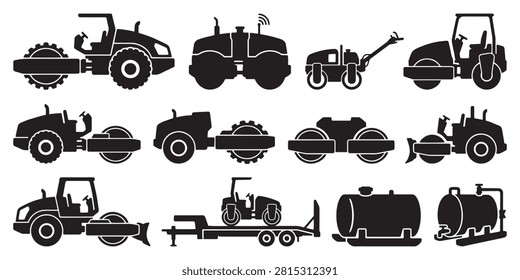 Road Roller Compactor Machinery Vector Silhouette Bundle - Asphalt Paving Roller Icon Pack - Soil Compaction Roadwork Construction Template Collection

If you want to create highly professional marketing layouts or branding assets for commercial road construction and earthmoving companies, this comprehensive collection of roller compactor silhouettes is the ideal setup for your workshop portfolio. We have packed this extensive bundle with everything that represents professional asphalt paving, soil compaction, and site preparation, featuring solid black vector shapes of smooth drum road rollers, tandem vibratory compactors, pneumatic tire rollers, padfoot sheepfoot, walk-behind trench rollers, plate compactors, and towable asphalt rollers. The layout also integrates essential paving equipment including asphalt water tank trailers, machinery transport flatbeds, excavator buckets, traffic cones, toolboxes, crossed shovels, fuel cans, and heavy construction cranes.

Every single machinery outline and compaction tool shape in this graphic compilation is carefully structured with sharp contours and flat solid configurations to ensure seamless scalability. It works beautifully as a high-converting template layout for digital creators and small contracting print shops looking to build clean commercial logos, custom roadwork crew uniform shirts, custom vinyl decals for construction vehicles, paving company window signs, or commercial print on demand trade merchandise without dealing with messy node errors or overlapping paths.
