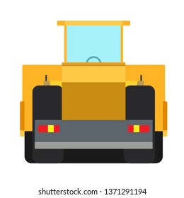 Road roller construction equipment vector icon machine asphalt. Heavy industry highway repair yellow flat truck back view