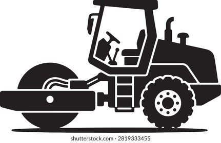 Road roller construction vehicle icon with construction, building