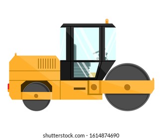 Road roller. Design of a cool large new construction equipment in yellow. Steel reliable mashira for land robot. Vector illustration.
