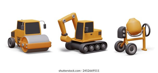 Road roller, excavator, concrete mixer. Heavy machinery and equipment